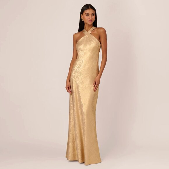 ADRIANNA PAPELL Foiled Mermaid Gown With Halter Neckline In Light Gold - Picture 3 of 7